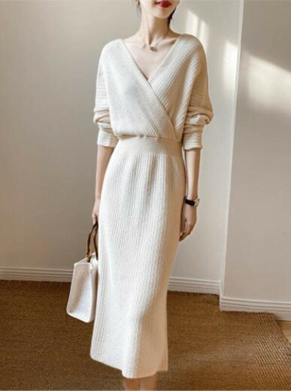 ワンピース レディース Vネック 長袖 ニットワンピ 春 春物 ブラウン オフホワイト お呼ばれ オフィス きれいめ 体型カバー 通勤 S M L LL 3L