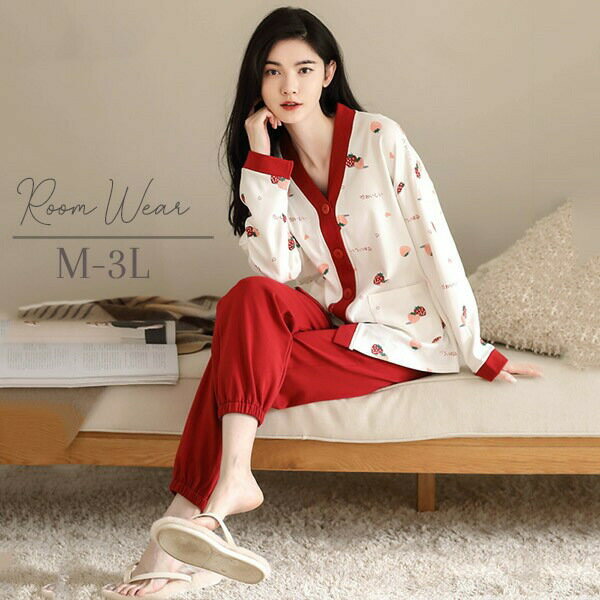 ルームウエア 上下セット 部屋着 イチゴ柄 春 長袖 かわいい 秋 着心地よい パジャマ オシャレ 可愛い 上下セット レディース 女性 ゆったり 寝巻き 大きいサイズグローリーパーク