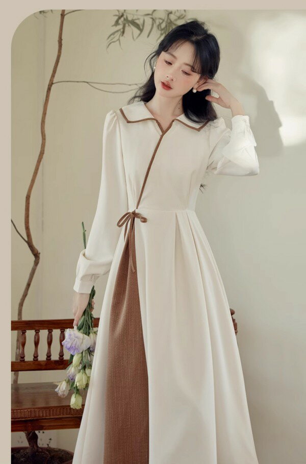 レディースドレス　中華風 ワンピース Aライン ロング丈長袖 萌え萌え 可愛い袖付き春秋 フォーマル 二次会 女子会 成人式 おしゃれ着痩せる ベージュグローリーパーク