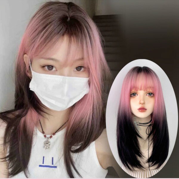 ウィッグレディース ピンクxブラックウィッグ長髪 かつらロングストレートウィッグ可愛い かわいい 大人用 コスプレ ロリータ ゴスロリ原宿風 仮装 超自然グロー...