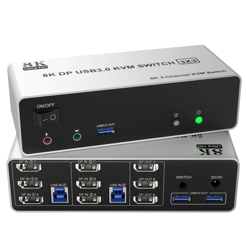8K@60Hz 4K@144Hz DisplayPort KVM切替器3モニター2PC、USB 3.0トリプルモニター 切替器3モニタと3 USB 3.0ポートとオマイク、キーボードとマウスを共有する2台のコンピュータ用切替器