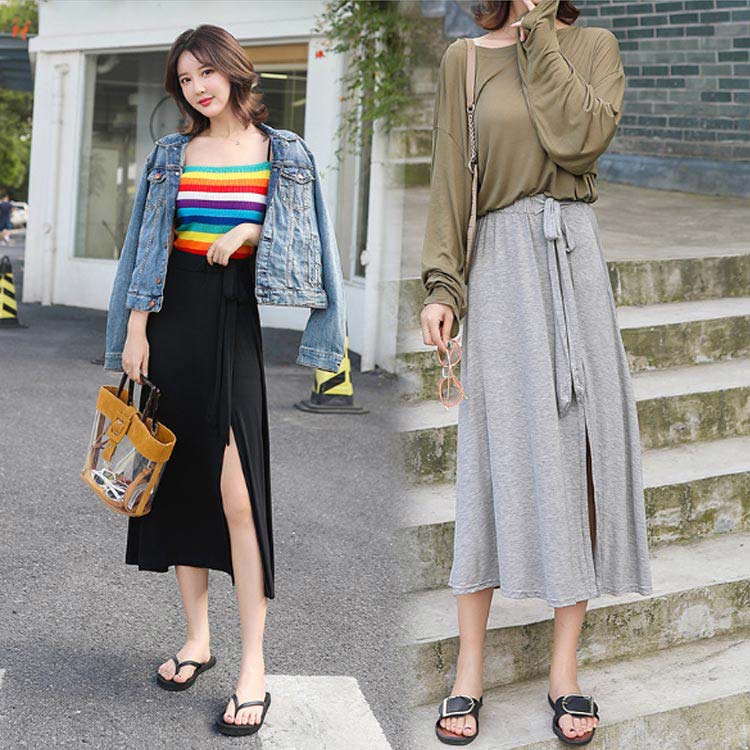 ギュリックの送料無料 ロングスカート レディース ミモレスカート ロング丈 スリット入り スカート モダール混 フレアスカート ハイウエスト ストレッチ ウエストゴム リボン 紐 ベルト 美脚 着痩せ 無地 ボトムス 薄手 カジュアル きれいめ 春 夏 シンプル おしゃれ｜アングル2