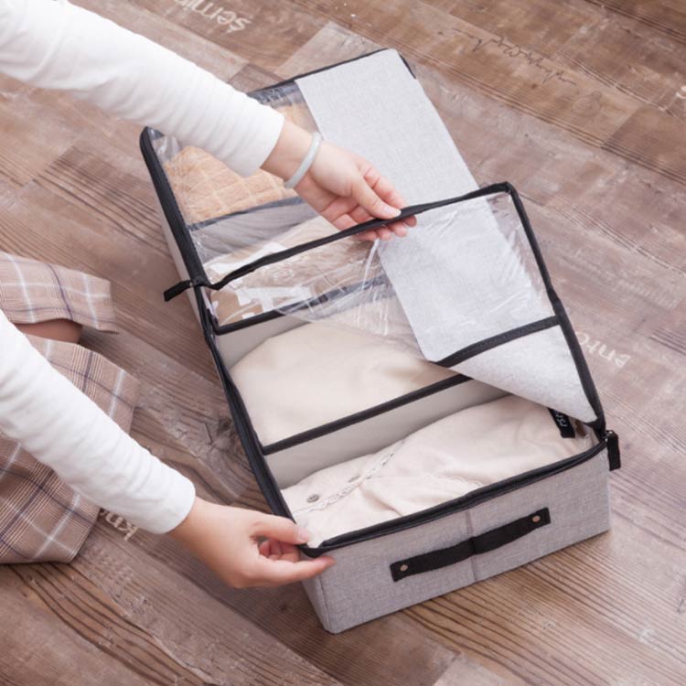 ギュリックの送料無料 収納ボックス 靴収納ケース 布 コットンリネン 衣類収納 収納袋 透明窓付き スリム 隙間収納 ベッド下収納 収納ケース 省スペース スリッパ シューズ 押し入れ 最大4足収納 仕切り 調節可能｜アングル2
