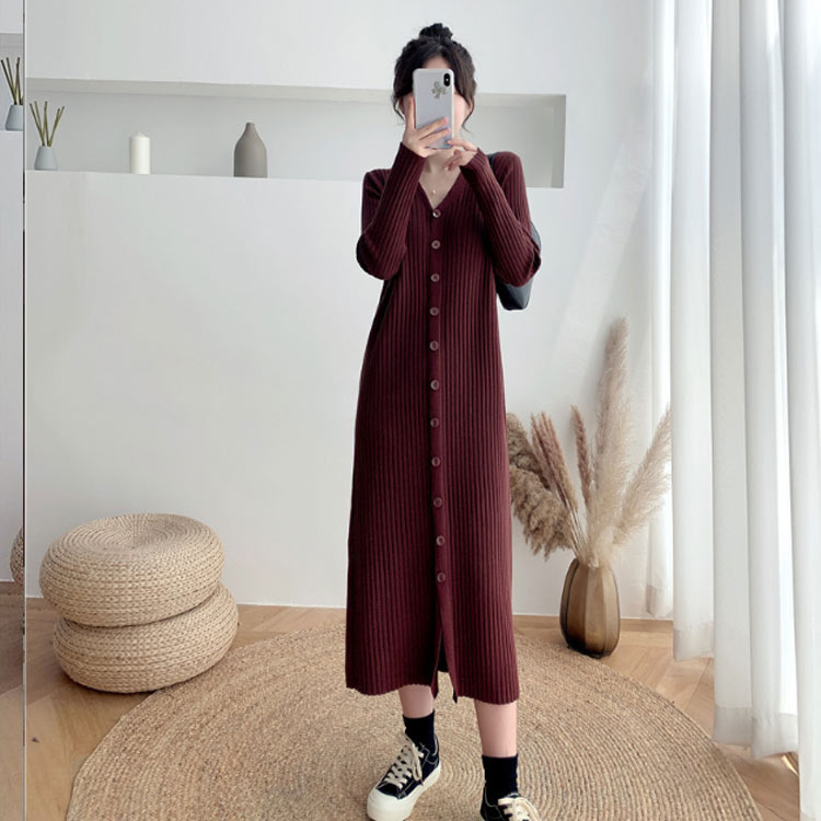 フォーマル ロングワンピース ロング 前開き Iライン 前開きニットワンピース レディース ロングニット Vネック 長袖 リブ ニット ニットワンピース セーター 羽織り アウター 体型カバー マタニティ 授乳服 2