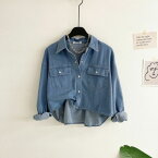 ジェルビン アンバランス 両ポケット ボクシーフィット セミクロップ デニム シャツ(2color)