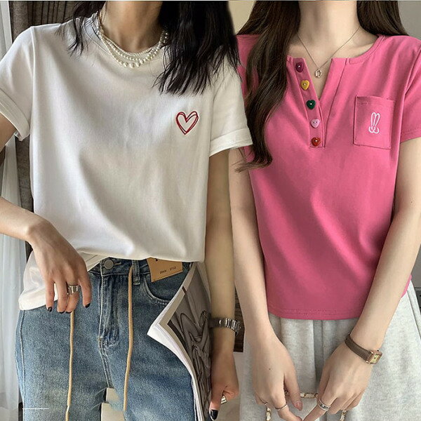 HEART レディース 夏 ハート 2種 ラウンド Vネック スパン 半袖 Tシャツ 5カラー 択1 RABBIT ハートボタン + HEART ダブルハート 2種