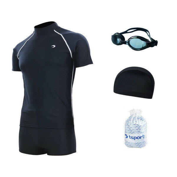 TSスポーツ 男性水着 2分丈 半ズボン 半袖ラッシュガードセット イージーフィット ビッグサイズ お得セット 23041+24061
