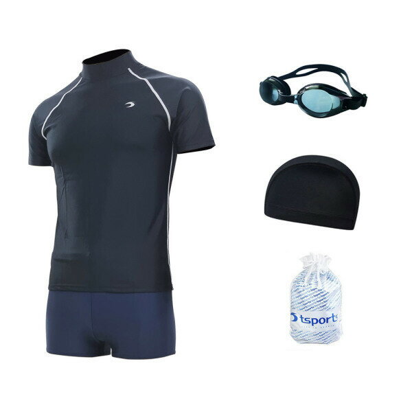 TSスポーツ 男性 水着 2分丈 半ズボン 半袖 ラッシュガードセット イージーフィット ビッグサイズ お得セット 23041+24062