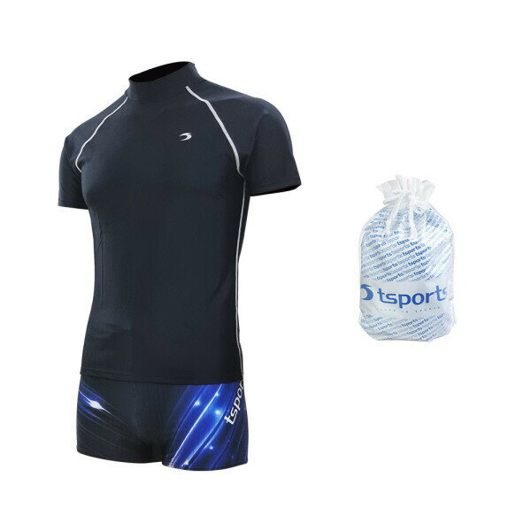 TSスポーツ メンズ水着 2分丈 半ズボン 半袖ラッシュガードセット イージーフィット ビッグサイズ 生存水泳 男子水着 23041+24063