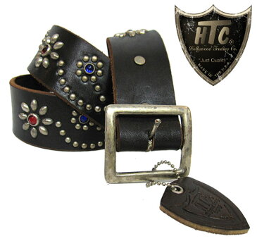 HTC USA #24 FLOWER LEATHERBELT( エイチティーシー フラワー ベルト )NICKEL STUDS (ニッケル　スタッズ ) BROWN LEATHER ( ブラウン　レザー ）RED&BLUE STONE ( レッド＆ブルーストーン )※こちらは黒に近い濃いブラウンレザーになります。