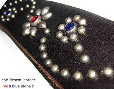 HTC USA #24 FLOWER LEATHERBELT( エイチティーシー フラワー ベルト )NICKEL STUDS (ニッケル　スタッズ ) BROWN LEATHER ( ブラウン　レザー ）RED&BLUE STONE ( レッド＆ブルーストーン )※こちらは黒に近い濃いブラウンレザーになります。