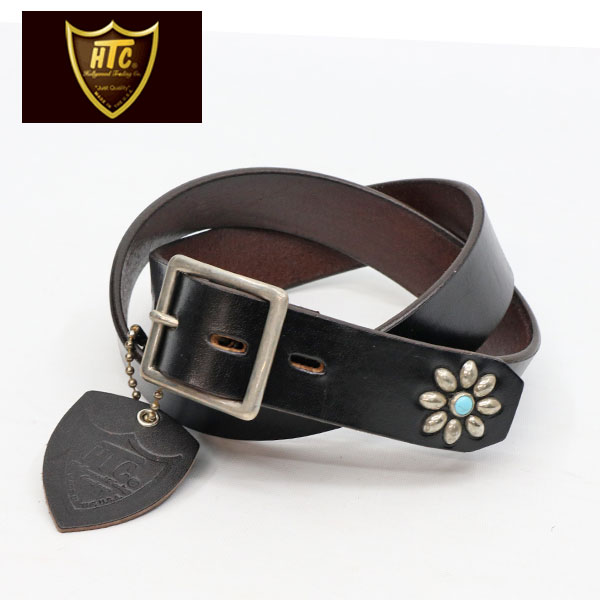 【ナロー幅】【神戸　正規店】 HTC USA # ENDONLY LEATHER BELT ＃40670　TURQUOISE　(エンドオンリースタッズレザーベルト) 幅:1.25インチ[約3.2cm]【 ブラックレザー/ターコイズストーン/ニッケルスタッズ/ニッケルバックル 】ヴィンテージ加工　htc