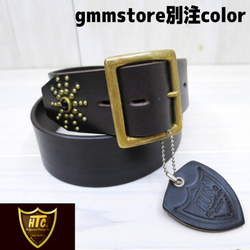 【神戸正規店　GMMSTORE別注カラー】 HTC USA # ENDONLY LEATHER BELT ＃36351　エンドオンリースタッズレザーベルト 幅:1.75インチ[約4.4cm]【 ダークブラウンレザー/ブラックストーン/ブラススタッズ 】ヴィンテージ加工　htc スタッズベルト