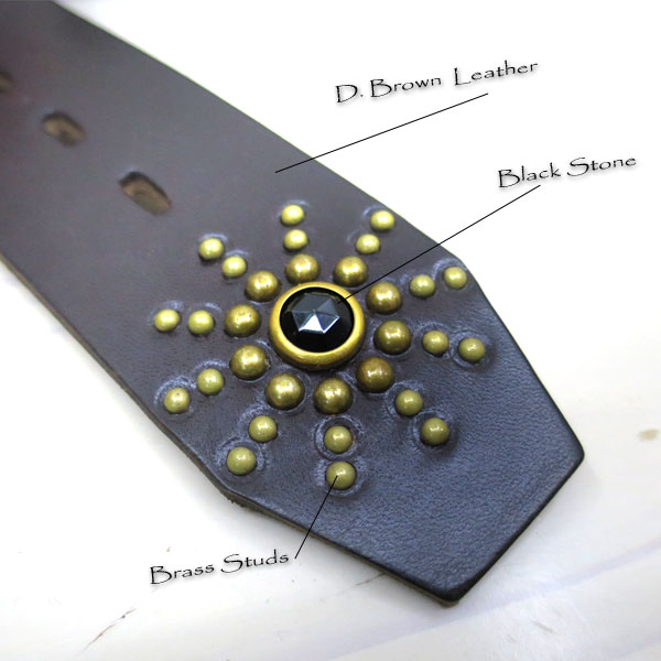 【神戸正規店　GMMSTORE別注カラー】 HTC USA # ENDONLY LEATHER BELT ＃36351　エンドオンリースタッズレザーベルト 幅:1.75インチ[約4.4cm]【 ダークブラウンレザー/ブラックストーン/ブラススタッズ 】ヴィンテージ加工　htc スタッズベルト