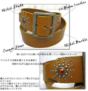 即納☆ HTC USA #ENDONLY LEATHER BELT 36351 エンドオンリースタッズレザーベルトライトブラウンレザー / ニッケルスタッズ / オレンジクリアストーンヴィンテージ加工　シワ加工　htc スタッズベルト