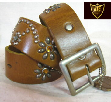 HTC USA #24 FLOWER LEATHERBELT( エイチティーシー フラワーベルト ) NICKEL STUDS (ニッケルスタッズ ) LT.BROWN LEATHER ( ライトブラウンレザー ）イエローストーン / クリアストーンhtc ベルト htc スタッズベルト