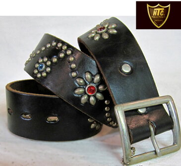 HTC USA #24 FLOWER LEATHERBELT( エイチティーシー フラワー ベルト ) NICKEL STUDS (ニッケル　スタッズ ) BLACK LEATHER ( ブラック　レザー ）RED STONE LT.BLUE STONE ( レッドストーン　ライトブルーストーン )htc ベルト htc スタッズベルト