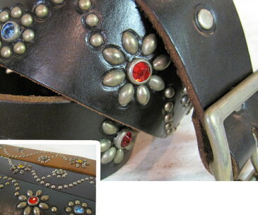 HTC USA #24 FLOWER LEATHERBELT( エイチティーシー フラワー ベルト ) NICKEL STUDS (ニッケル　スタッズ ) BLACK LEATHER ( ブラック　レザー ）RED STONE LT.BLUE STONE ( レッドストーン　ライトブルーストーン )htc ベルト htc スタッズベルト