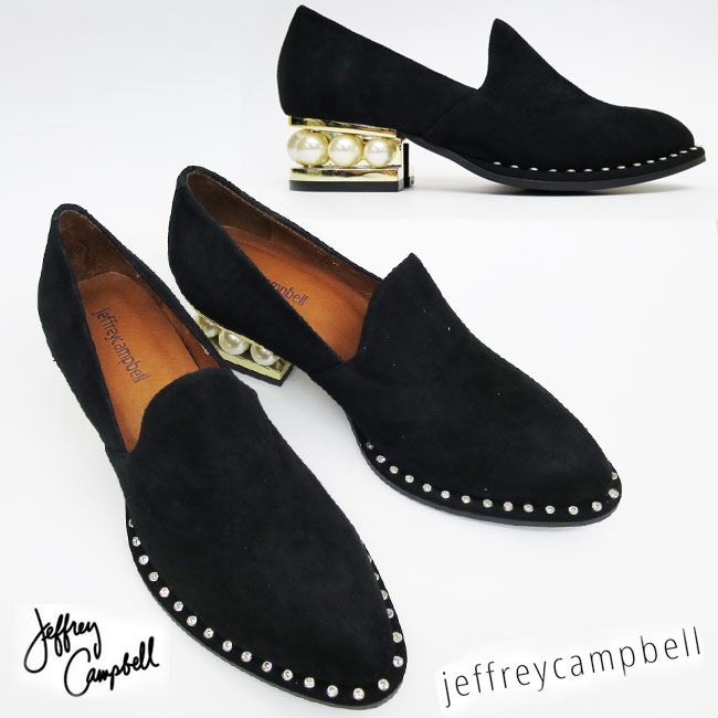 【定番】* スエード *　人気の蹄ヒールに パール 付！　ヒール約4cm　 Jeffrey Campbell　（ ジェフリーキャンベル ） マニッシュ シューズ　【BLACK】3475　歩きやすい　パール ローファー　スエード　本革のサムネイル