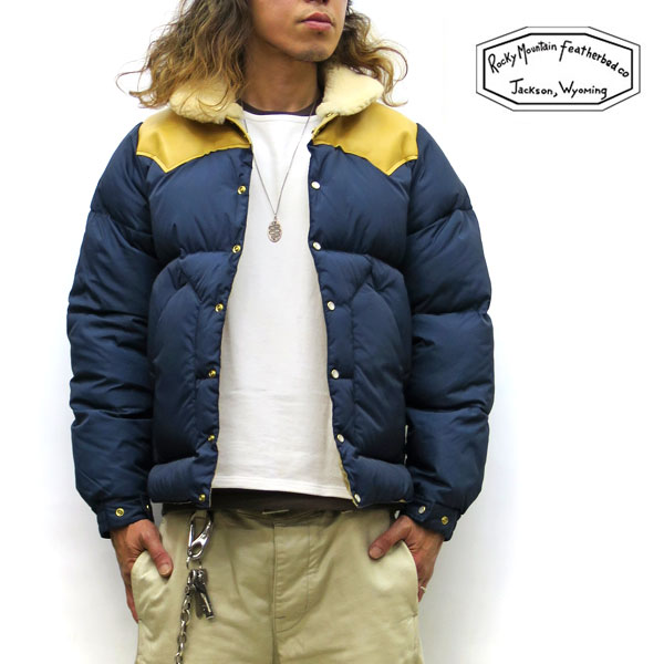 ロッキーマウンテンフェザーベッド　クリスティジャケット 【 神戸 正規店 】ボア付☆ Rocky Mountain Featherbed CHRISTY JACKET【 NAVY / ネイビー 】ロッキーマウンテン メンズ　ダウンジャケット　MADE IN JAPAN　【返品不可商品】