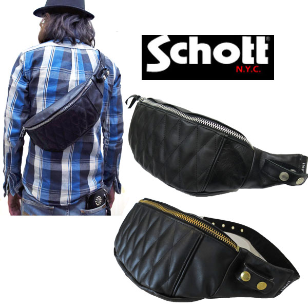 【schott 神戸正規】 schott ショット PADDED BODY BAG パッデッド ボディバック レザー 牛革 H14xW33xD7cm 【ブラック(シルバージップ)、ブラック(ゴールドジップ)】 schott 3109023 ウエストバッグ