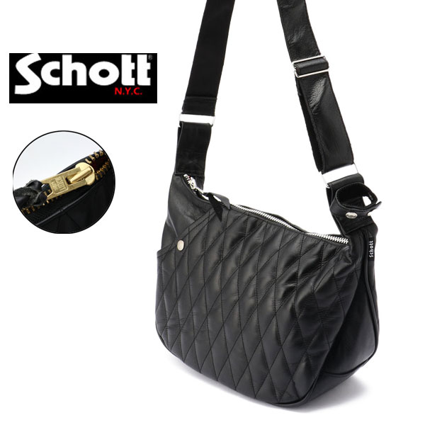 schott ショット 3109022 PADDED BANANA BAG パデッドバナナバッグ ショルダーバッグ レザー 牛革 H25xW36xD17cm 【ブラック(シルバージップ) ブラック(ゴールドジップ)】 斜め掛け