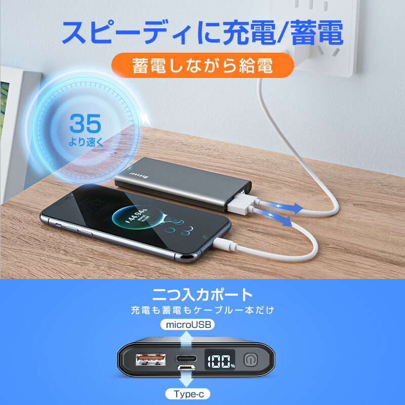 モバイルバッテリー 大容量 10000mAh Micro-USB/Type-C入力 PD18W急速充電 残量表示 防災 航空機級のアルミ製 PSE認証済 充電器 スマホ ギフト プレゼント 地震 旅行 出張 持ち運び便利 (d32)