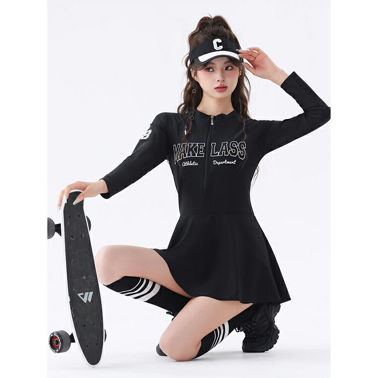 フィットネス 水着 ワンピース 前ファスナー 大きいサイズ レディース スクール水着 オールインワン 長袖 中学生 高校生 可愛い 体型カバー UVカット 痩せ見え ショーツ一体型 盛れる スポーティー ブラック ネイビー 10代 20代 30代 40代 水陸両用 競泳 プール 速乾