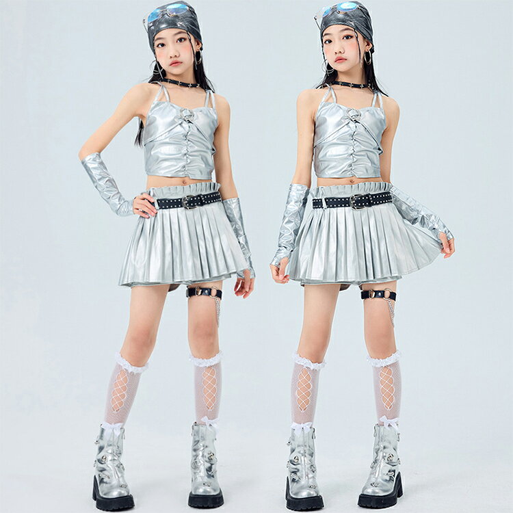 チアダンス シルバー 女の子 キッズダンス衣装 セットアップ タンクトップ トップ...
