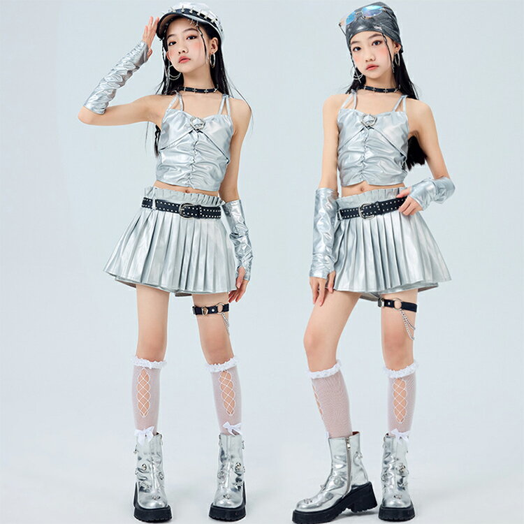 チアダンス シルバー 女の子 キッズダンス衣装 セットアップ タンクトップ トップ...