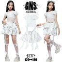 チアダンス トップス へそ出し 半袖 ホワイト フリル シフォン 女の子 リボン キッズダンス衣装 セットアップ ガーリー ホワイト スカート ティアードスカート 原宿系 上下セット ダンスウェア 可愛い お洒落 韓国子供服 K-POP ヒップホップ ジャズ 団体服 演出服 発表会