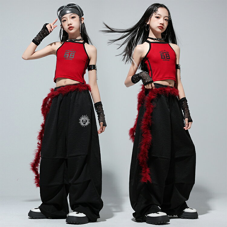 チアダンス タンクトップ トップス へそ出し レッド 字母柄 女の子 キッズダンス衣...