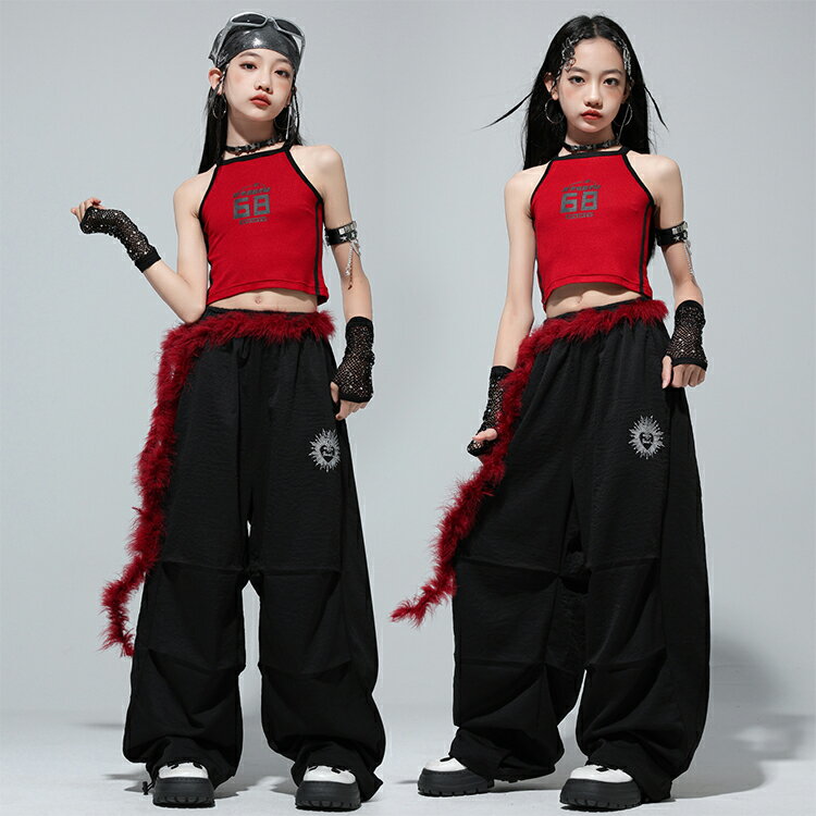 チアダンス タンクトップ トップス へそ出し レッド 字母柄 女の子 キッズダンス衣...