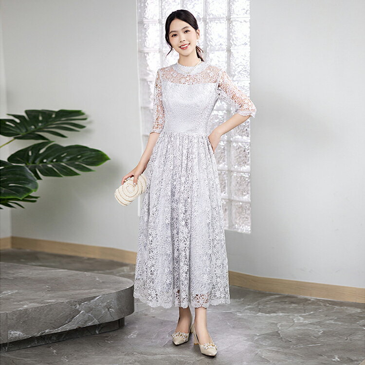 3色 刺繍 レース パーティードレス 七分袖 Iライン チュール 大きいサイズ マキシ丈 ロングワンピース カクテルドレス 20代 30代 40代 結婚式 二次会 入学式 卒業式 成人式 披露宴 同窓会 演奏会 ピアノ発表会 お呼ばれ SS S M L 2L 3L 4L 黒 白 ネイビー グレー