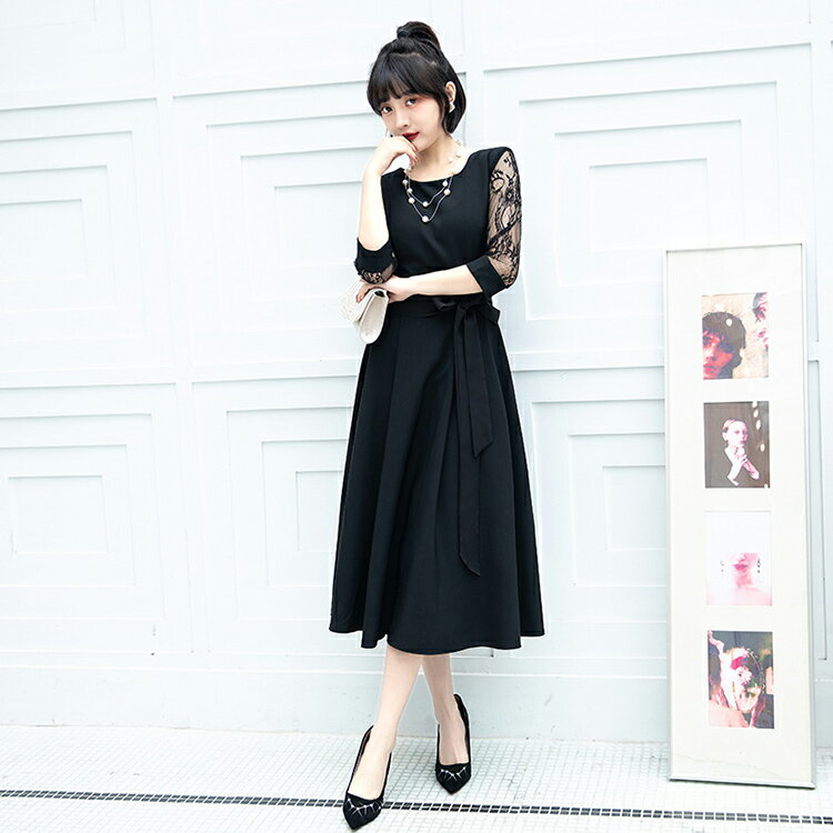 スーツワンピース 卒業式 パーティードレス レース 七分袖 刺繍 ウエストリボン ミモレ丈 ワンピース フォーマル カクテルドレス 大きいサイズ 小柄 着痩せ 韓国 結婚式 二次会 入学式 成人式 披露宴 同窓会 演奏会 ピアノ発表会 お呼ばれ SS 3L 4L 20代 30代 40代 黒