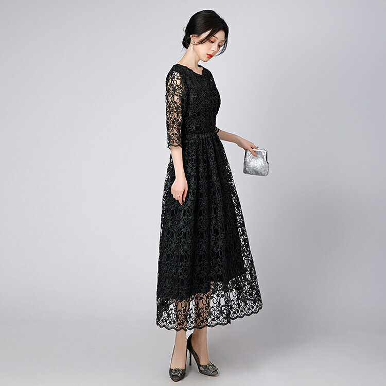 黒 総レース パーティードレス 刺繍 七分袖 クルーネック Iライン ミモレ丈 ロングワンピース カクテルドレス 大きいサイズ 小柄 着痩せ 韓国 司会 結婚式 二次会 入学式 卒業式 成人式 披露宴 同窓会 演奏会 ピアノ発表会 お呼ばれ SS S M L 2L 3L 4L 20代 30代 40代