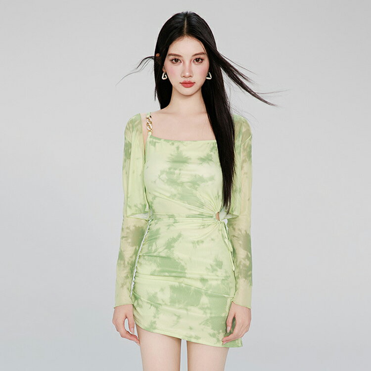 ミント タイダイ 水着 ワンピース 体型カバー レディース 2点セット キャミワンピース パッド付き 小胸 長袖ラッシュガード サイドリボン 痩せ見え 露出控えめ 日焼け対策 おしゃれ 韓国 水着 高校生 水着ファション M L 2L 10代 20代 30代 ビーチ 海水浴 温泉 リゾート