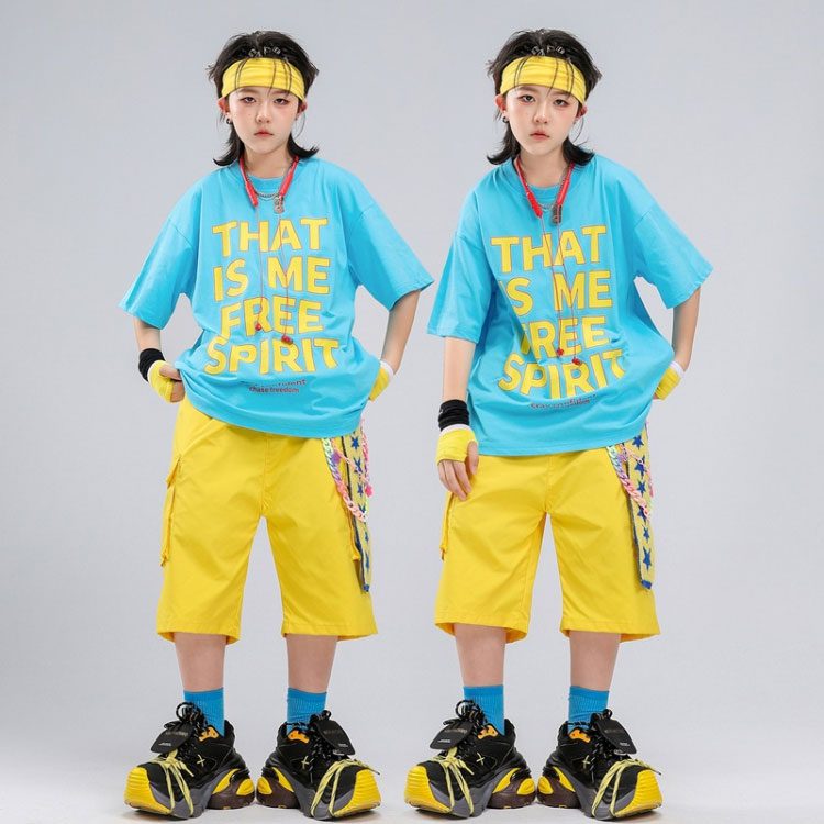 キッズダンス衣装 青 セットアップ ブルー 英字tシャツ 半袖 ショートパンツ イエ...