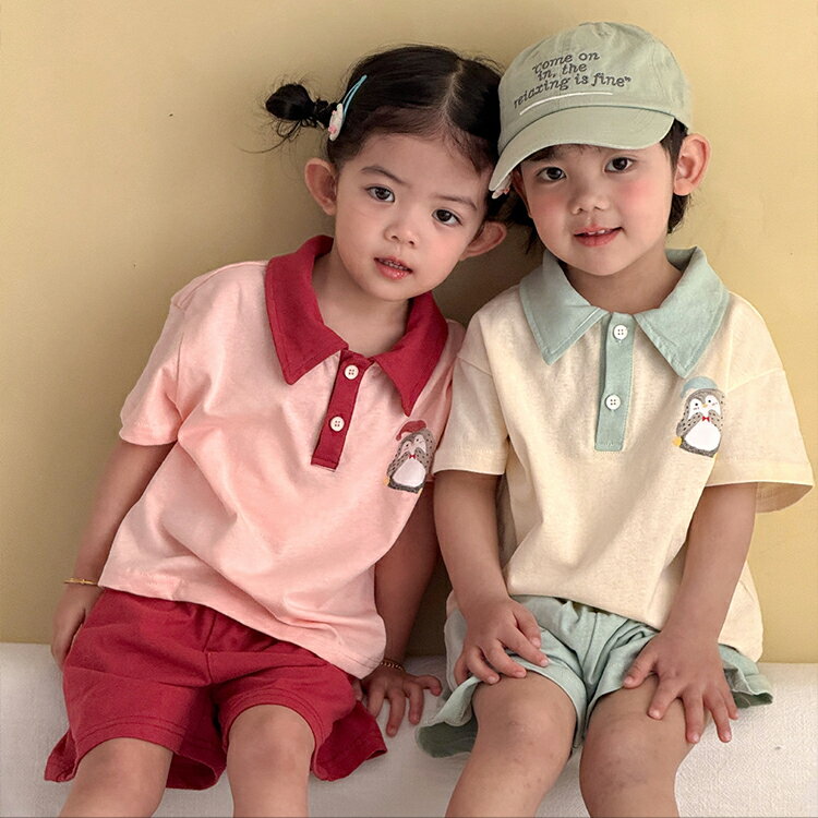 キッズ セットアップ 夏 ペンギン柄 ポロシャツ ハーフパンツ 上下セット 綿100％ 子供服 男の子 女の子 半袖 tシャツ 襟付き レッド 赤 運動着 部屋着 涼しい ゆったり 動きやすい ベビー ジュニア 兄妹 お揃い スクール風 80 90 100 130 140 150cm カジュアル スポーティ 2