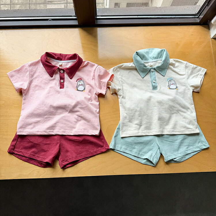 キッズ セットアップ 夏 ペンギン柄 ポロシャツ ハーフパンツ 上下セット 綿100％ 子供服 男の子 女の子 半袖 tシャツ 襟付き レッド 赤 運動着 部屋着 涼しい ゆったり 動きやすい ベビー ジュニア 兄妹 お揃い スクール風 80 90 100 130 140 150cm カジュアル スポーティ 3