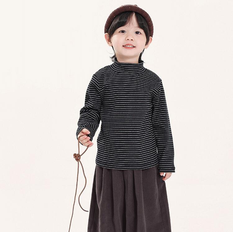 キッズ インナー 長袖 ボーダー ハイネック Tシャツ ベビー 子供 子供服 カットソー キッズ服 女の子 男の子 秋 秋服 秋物 長袖tシャツ 保育園 綿 コットン ハイネックインナー ブラック ベビー服 トップス 通園 通学 韓国ファッション 保育園 孫 ギフト 100 110 140レトロ風