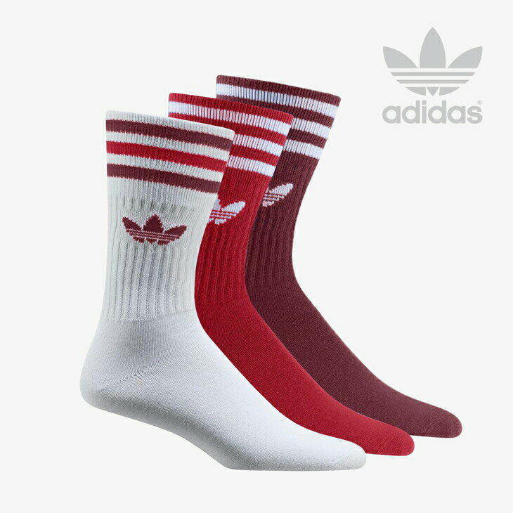 ・ADIDAS Originals｜Solid Crew Socks 3 Pairs/ アディダス/ソリッド クルー ソックス 3 ペア/ホワイトxスカーレットxカレッジバーガンディ #