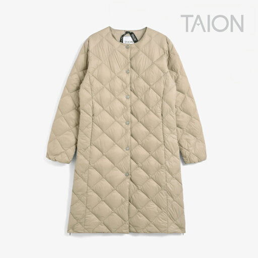 ・TAION|W City Crew Neck Button Long Down Jacket/ タイオン/シティー クルー ネック ボタン ロング ダウン ジャケット/グレー ベージュ # ・TAION|W City Crew Neck Button Long Down Jacket/ タイオン/シティー クルー ネック ボタン ロング ダウン ジャケット/グレー ベージュ #