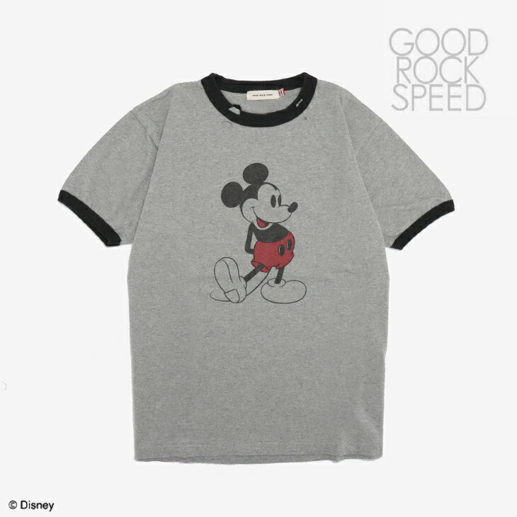 ・GOOD ROCK SPEED｜Disney Mickey Distressed Damage SS Ringer T-Shirt/ グッド ロック スピード/ディズニー ミッキー ディストレス ダメージ ショートスリーブ Tシャツ/ヘザーグレー #
