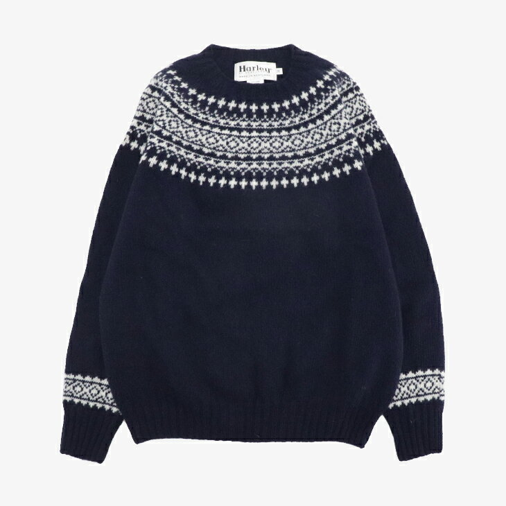 ・HARLEY Of Scotland｜W York Crew Neck Sweater Supersoft Wool Knit/ ハーレー/ヨーク クルー ネック セーター ノルディック柄 スーパーソフト ウール ニット/ネイビーxスノーホワイト #