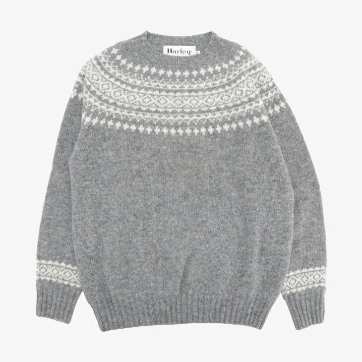 ・HARLEY Of Scotland｜W York Crew Neck Sweater Supersoft Wool Knit/ ハーレー/ヨーク クルー ネック セーター ノルディック柄 スーパーソフト ウール ニット/ミッドグレーxスノーホワイト #