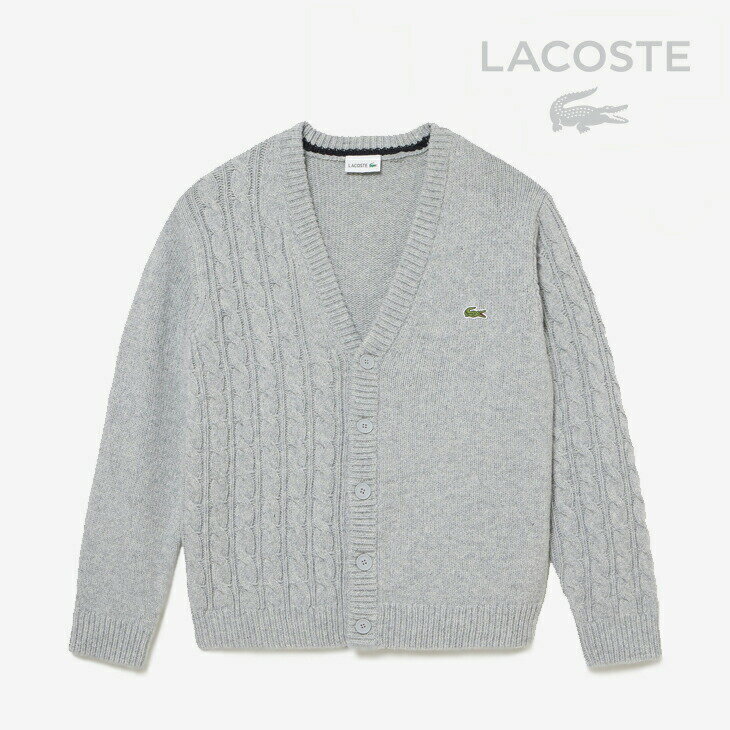 ・LACOSTE｜Asymmetric V-Neck Knit Cardigan/ ラコステ/アシンメトリー Vネック カーディガン/シルバーxチャイン #