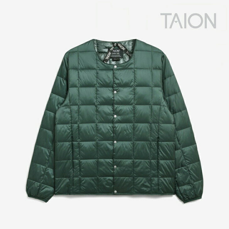 タイオン ダウンジャケット メンズ ・TAION｜Crew Neck Button Inner Down Jacket/ タイオン/クルー ネック ボタン インナー ダウン ジャケット/ダークグリーン #