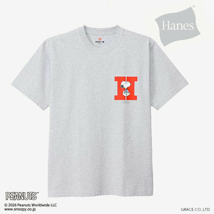 Rakuten - ・HANES｜xPeanuts Beefy Crew Neck SS T-Shirt Snoopy H Logo/ ヘインズ/ピーナッツ ビーフィー クルー ネック ショートスリーブ Tシャツ スヌーピー H ロゴ/ヘザーグレー #