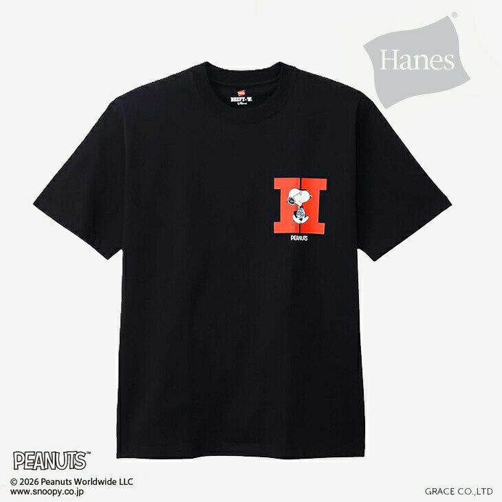 樂天商城 - ・HANES｜xPeanuts Beefy Crew Neck SS T-Shirt Snoopy H Logo/ ヘインズ/ピーナッツ ビーフィー クルー ネック ショートスリーブ Tシャツ スヌーピー H ロゴ/ブラック #
